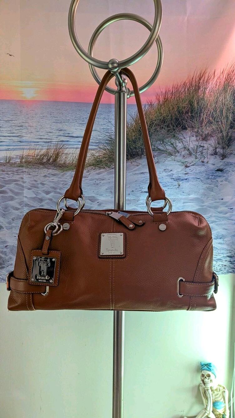 Tignanello Brown Pebbled Leather Satchel Shoulder Bag Silver Charm Y2K 90s Good